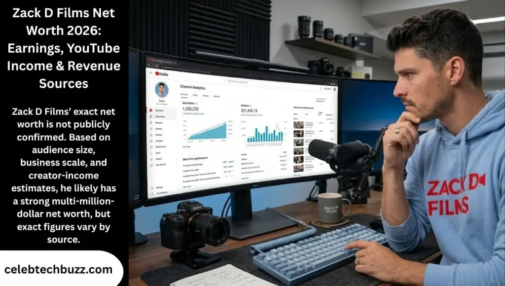 Zack D Films Net Worth, Content creator checking YouTube growth and revenue estimates on a laptop