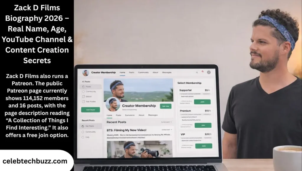 Zack D Films Patreon membership page on a laptop in a creator home office