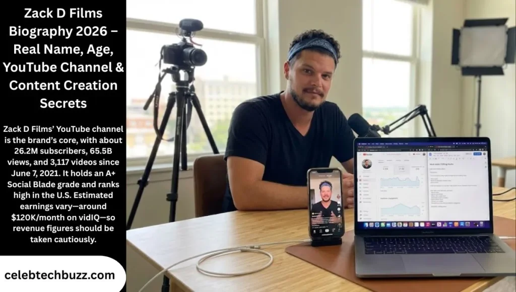 Zack D Films YouTube channel analytics and short-form content dashboard on a creator desk